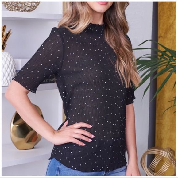NWT Polka Dot Print Tailored Mock Neck Half Sleeve Top | Black & White | S M L - Picture 4 of 9